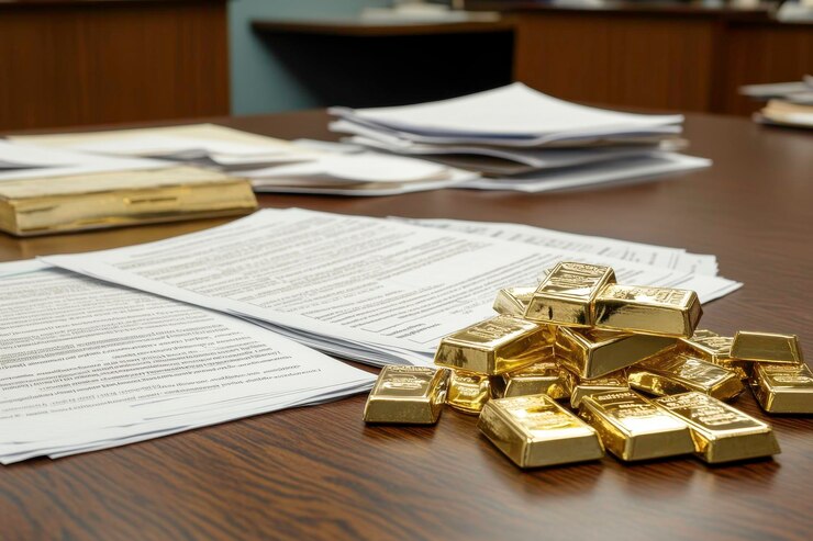 Gold bars alongside assay and procurement documentation